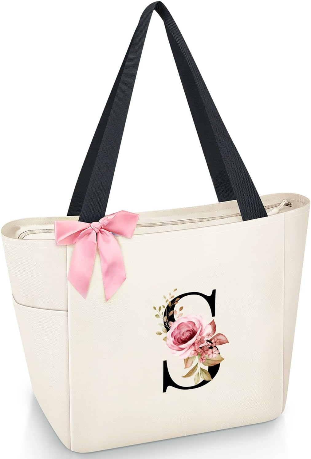 Tote Bag, A-Z Initial Monogrammed Waterproof Tote Bag, Bridesmaid Gifts for Women, Black and Pink