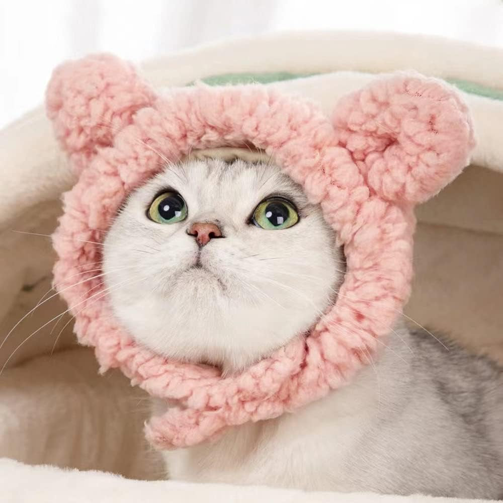 Cute Cat Costume Warm Bear Hat Adjustable Soft Small Pet Headwear for Puppy Dog (Pink)