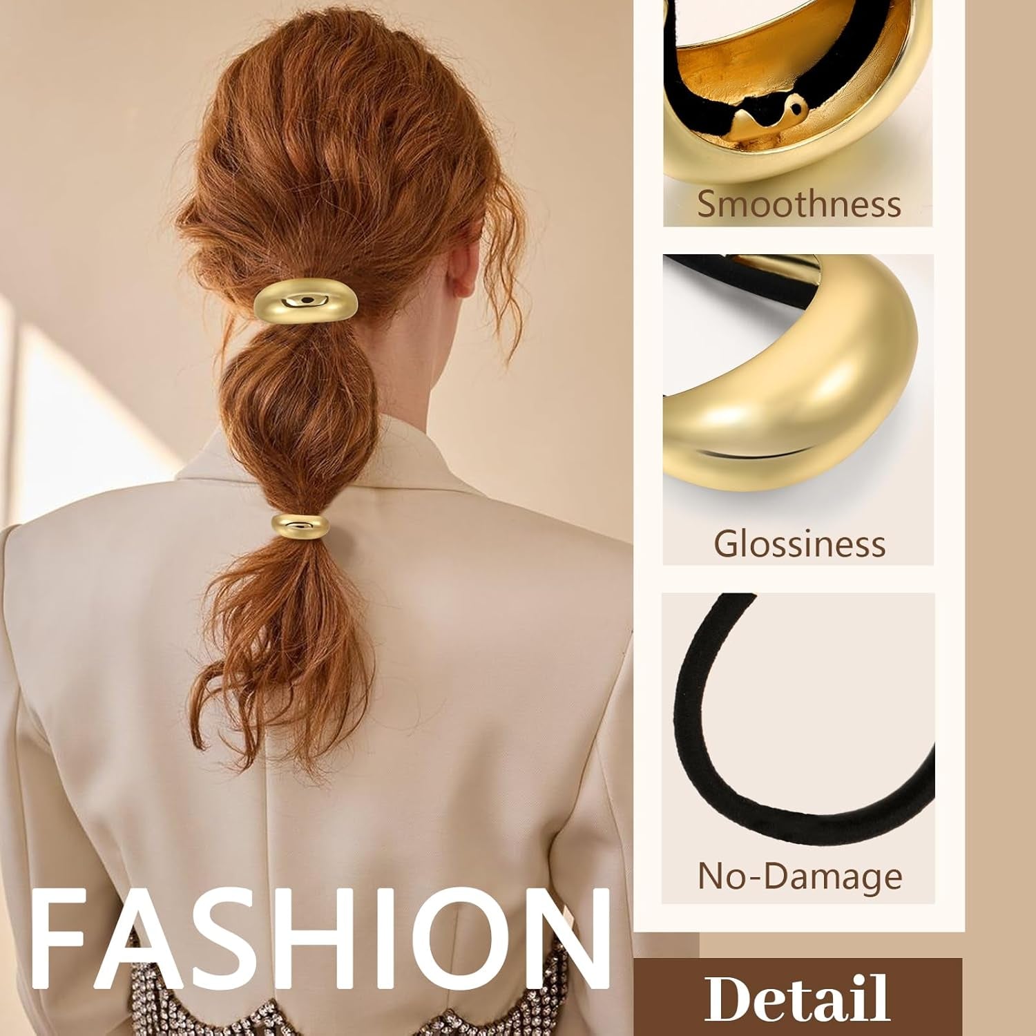 2PCS Gold Metal Hair Ties for Thick Hair