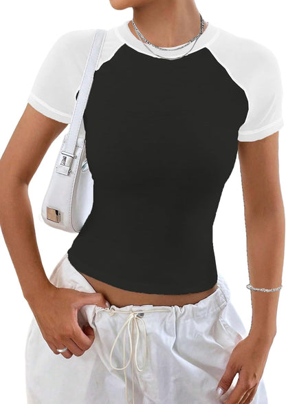 Women Raglan Colorblock Baby Tee Shirt Short Sleeve Summer Casual Tops