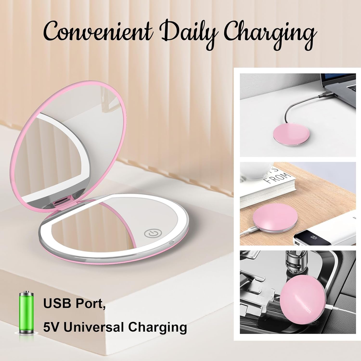 LED Compact Mirror 1X/3X Magnification – Pink