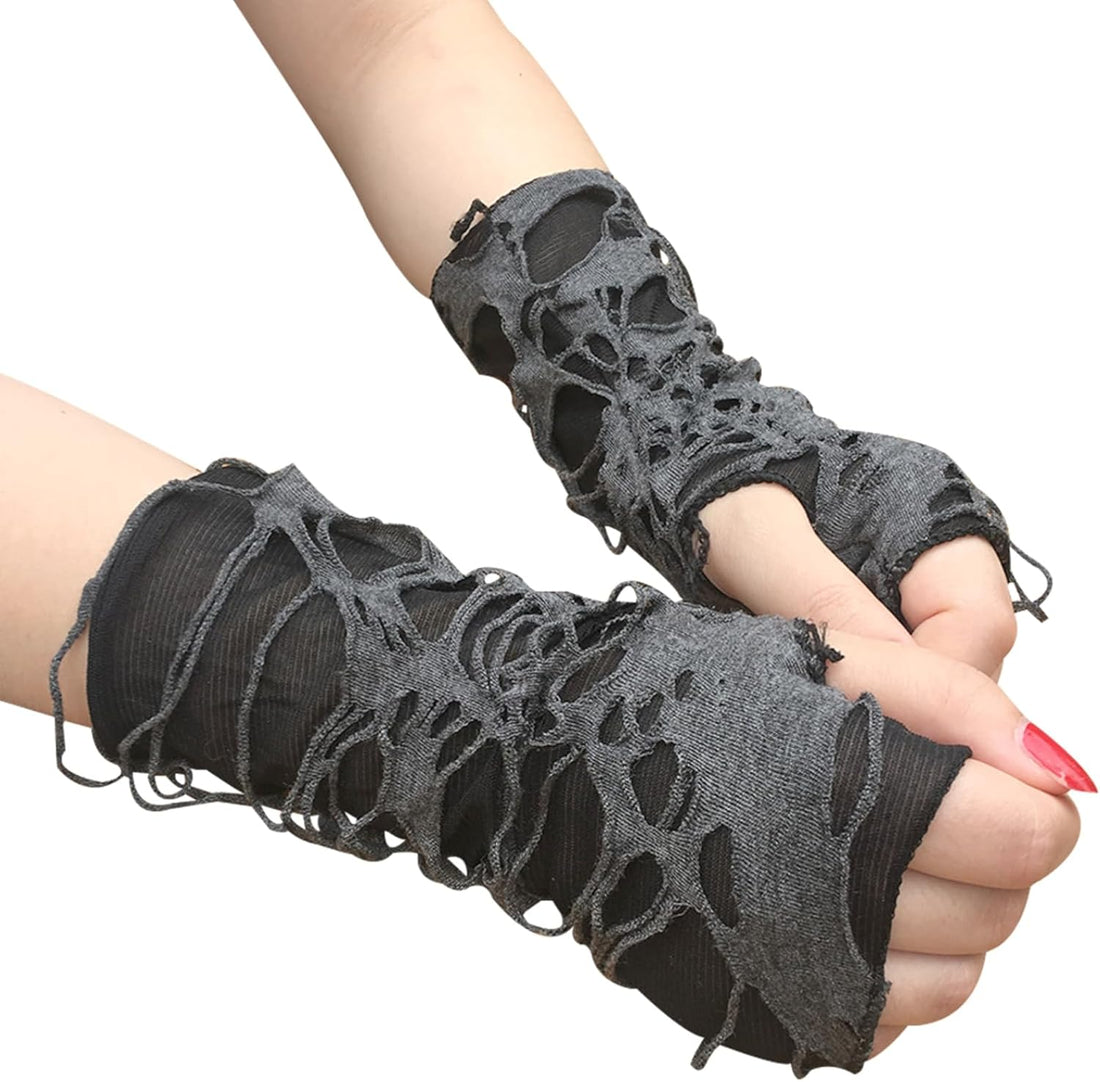 Women’s Punk Black Fingerless Gloves – Ripped Gothic Arm Warmers