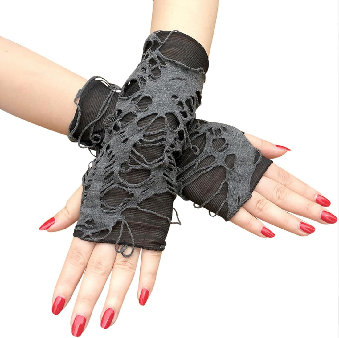 Women’s Punk Black Fingerless Gloves – Ripped Gothic Arm Warmers