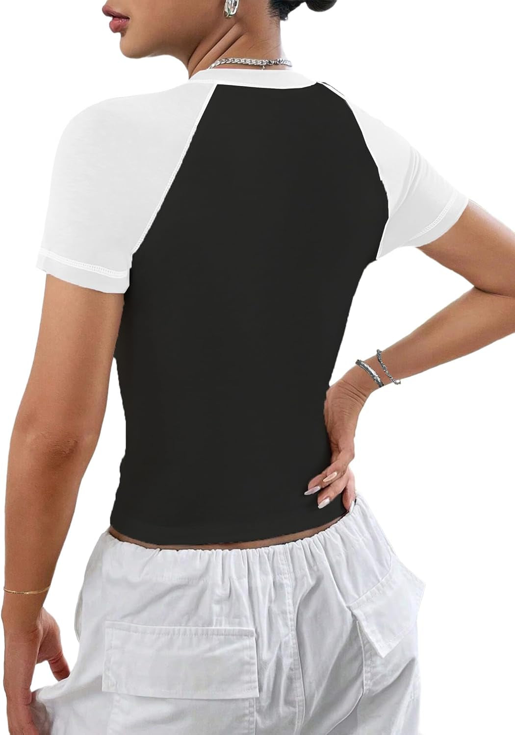 Women Raglan Colorblock Baby Tee Shirt Short Sleeve Summer Casual Tops
