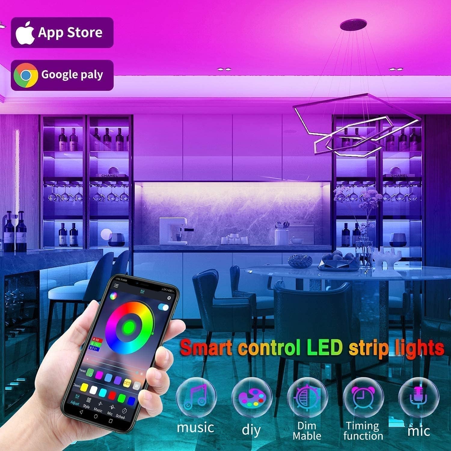 100Ft LED Strip Lights with Music Sync