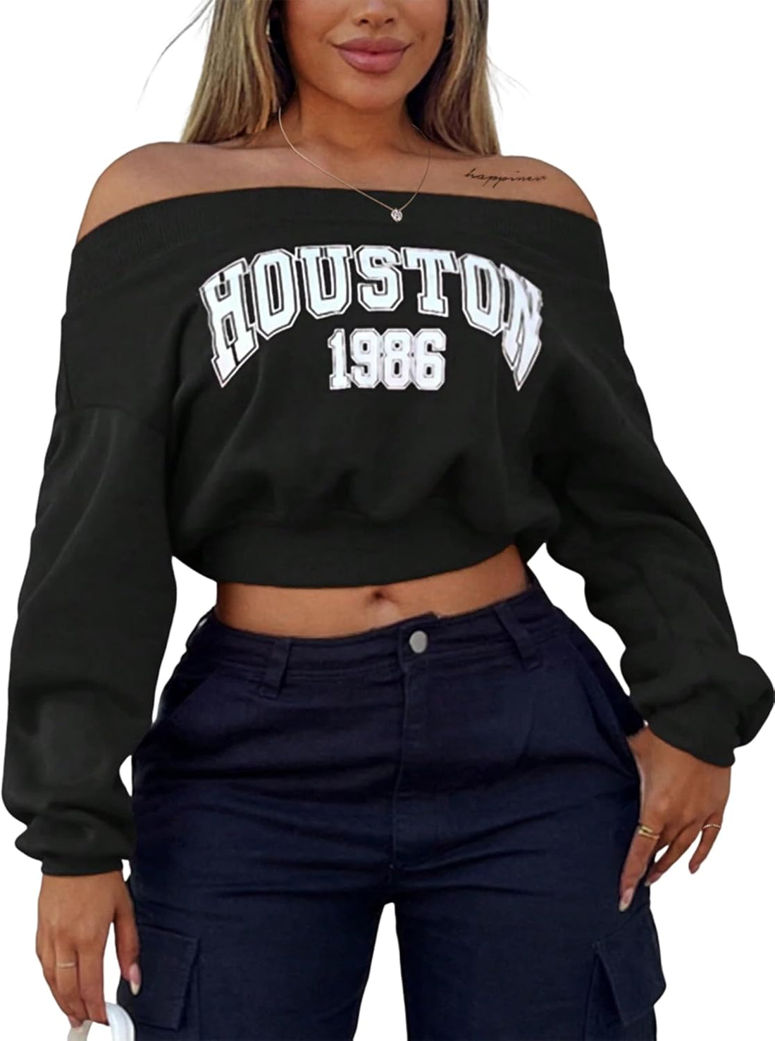 Women’s Graphic Off-Shoulder Crop Sweatshirt – Casual Loose Long Sleeve Top