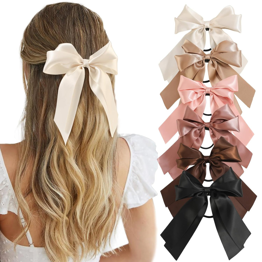 6PCS Black Satin Bow Hair Ties with Long Tail