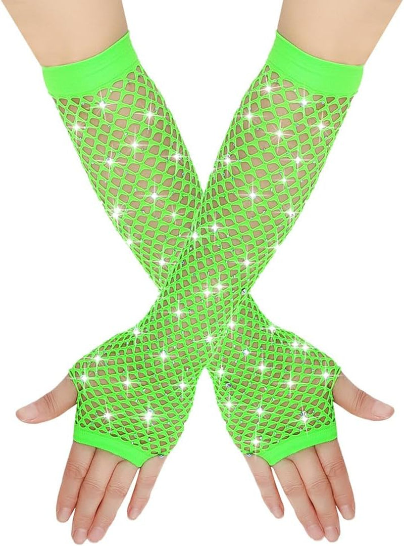 Long Fishnet Fingerless Gloves with Rhinestones – 80’s Party Cosplay