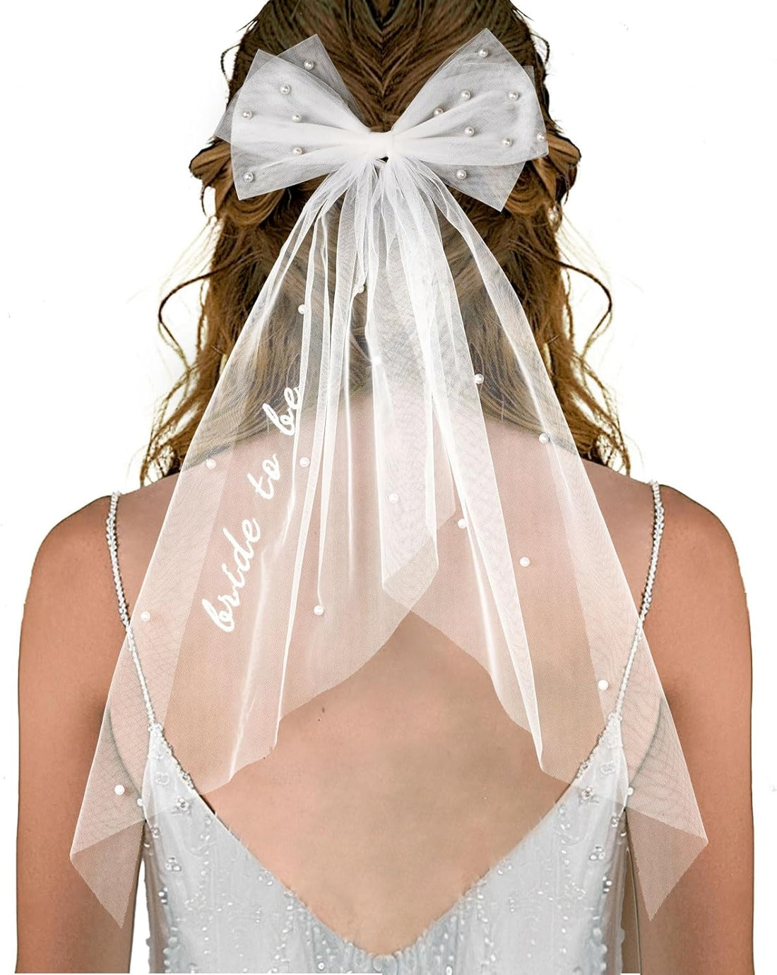 Bride to Be Embroidered Pearl Hair Bow Veil – 2 Tier Tulle Veil