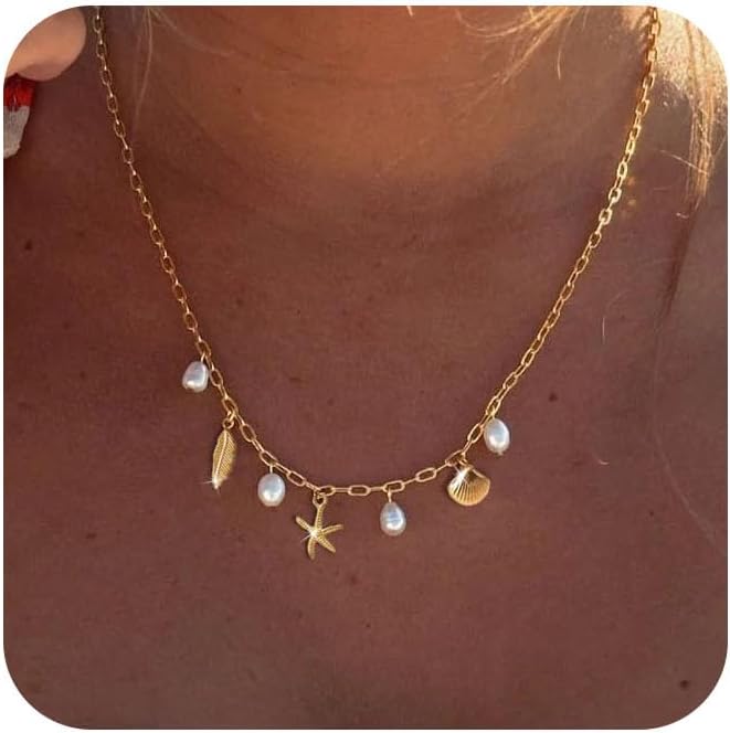 Dainty Gold Charm Necklace Paperclip Shell Moon 