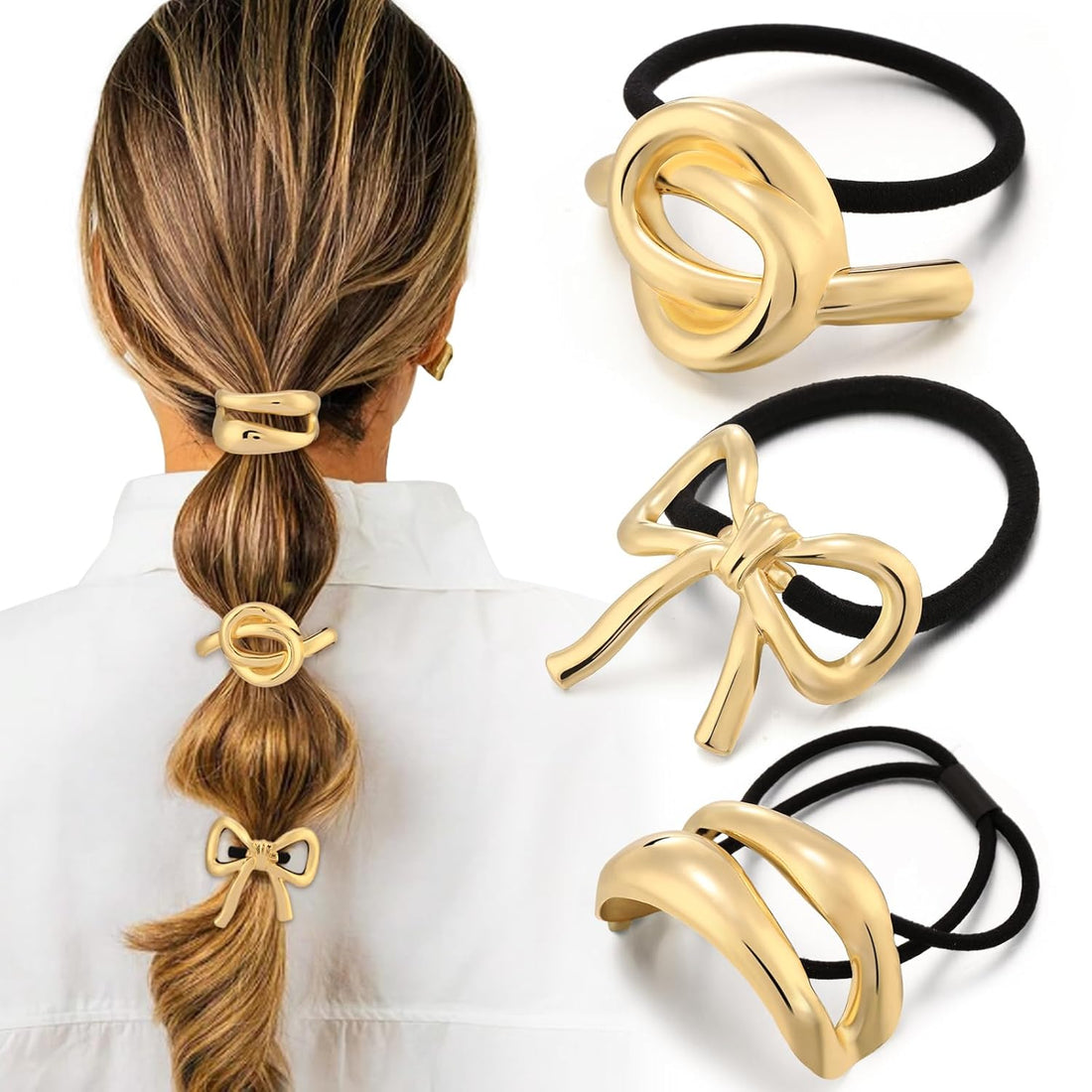 3PCS Gold Metal Hair Ties Stretchy Ponytail Holders