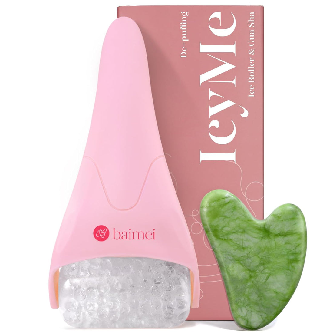 Icyme Ice Roller &amp; Gua Sha Set – Puffiness Relief Facial Tool (Pink)