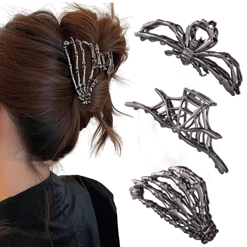 3PCS Skull &amp; Spider Web Hair Claw Clips Black