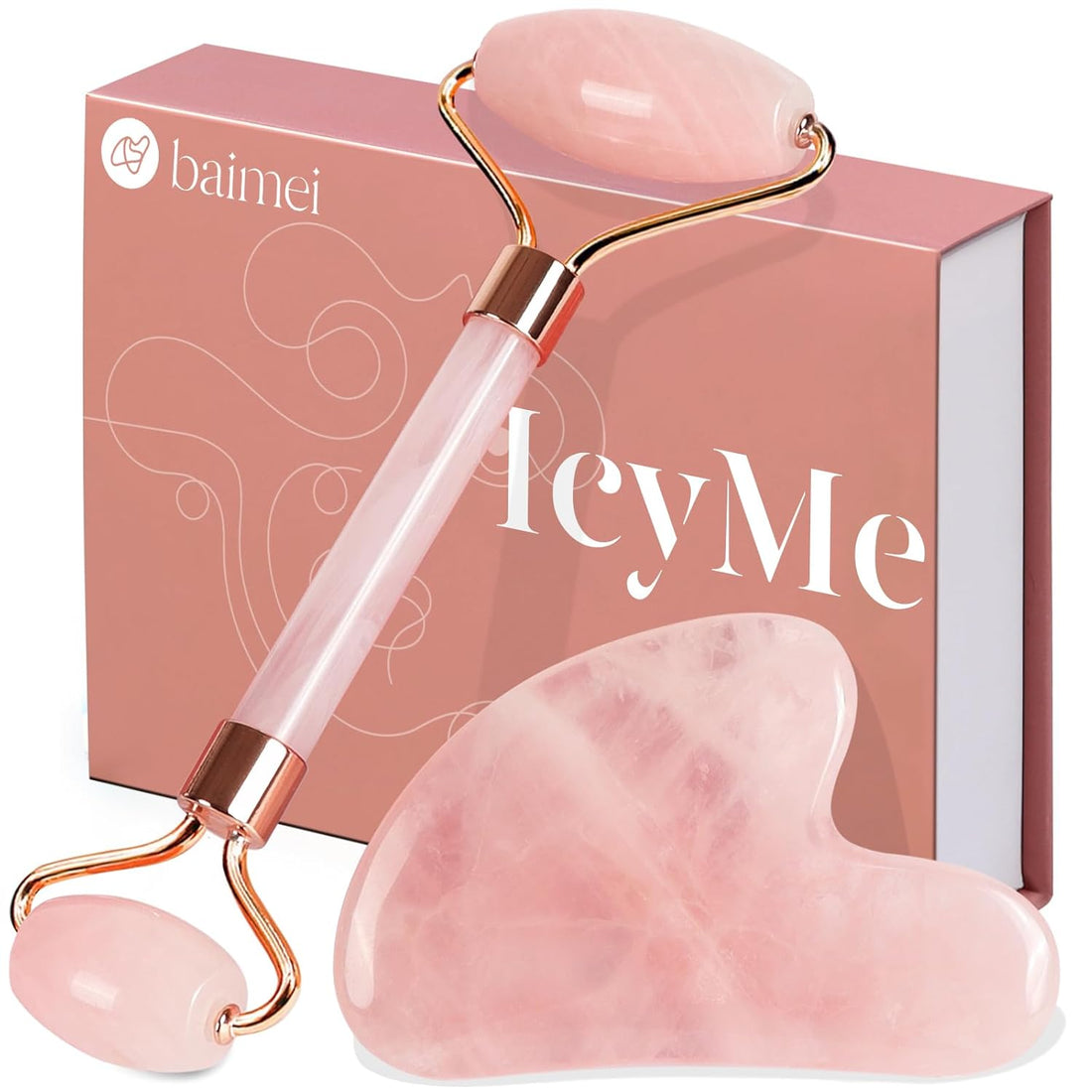Icyme Jade Roller &amp; Gua Sha Set  Pink  Rose Quartz