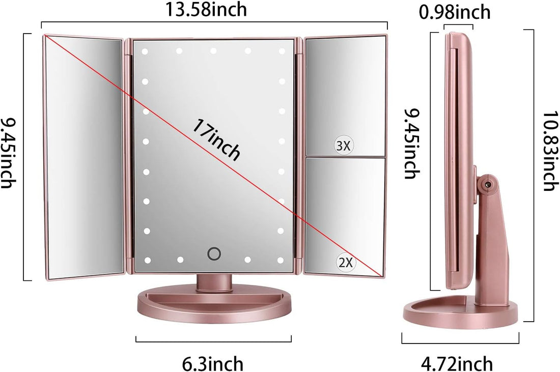 Tri-Fold Lighted Vanity Mirror – 21 LED, 3X/2X/1X Mag