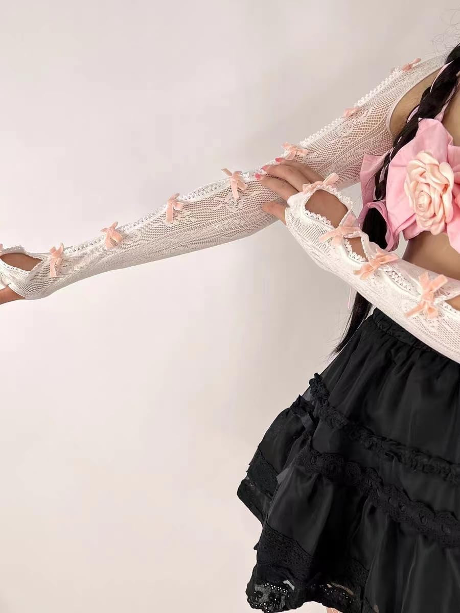 Women’s Mesh Lace Shrug Crop Top with Bow – Y2K Grunge Fairycore