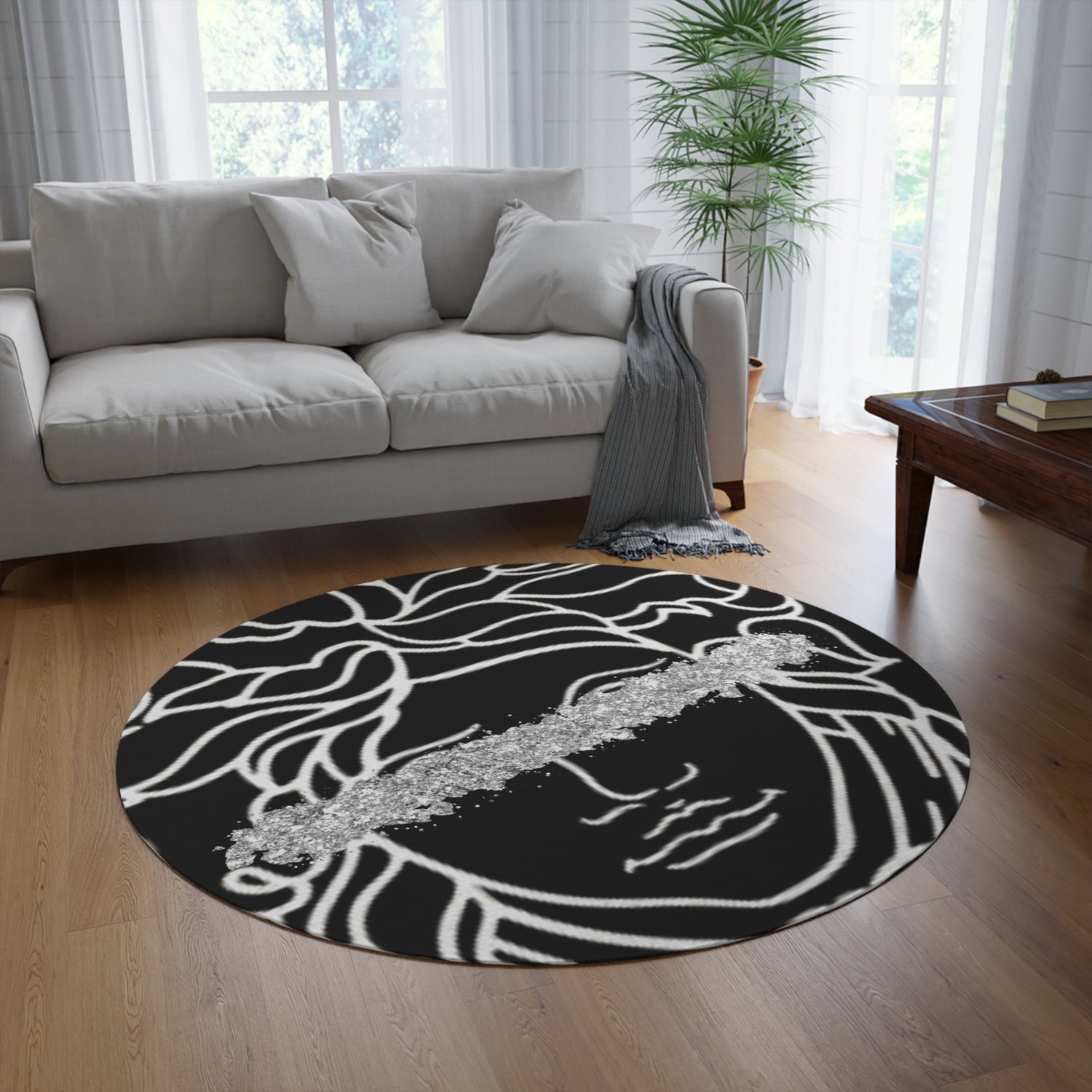 Luxury Medusa Head Black and Silver Decor Round Rug