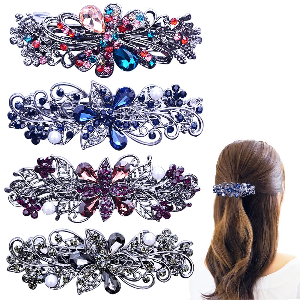4 PCS Floral Crystal Pearl Hair Barrettes  Women