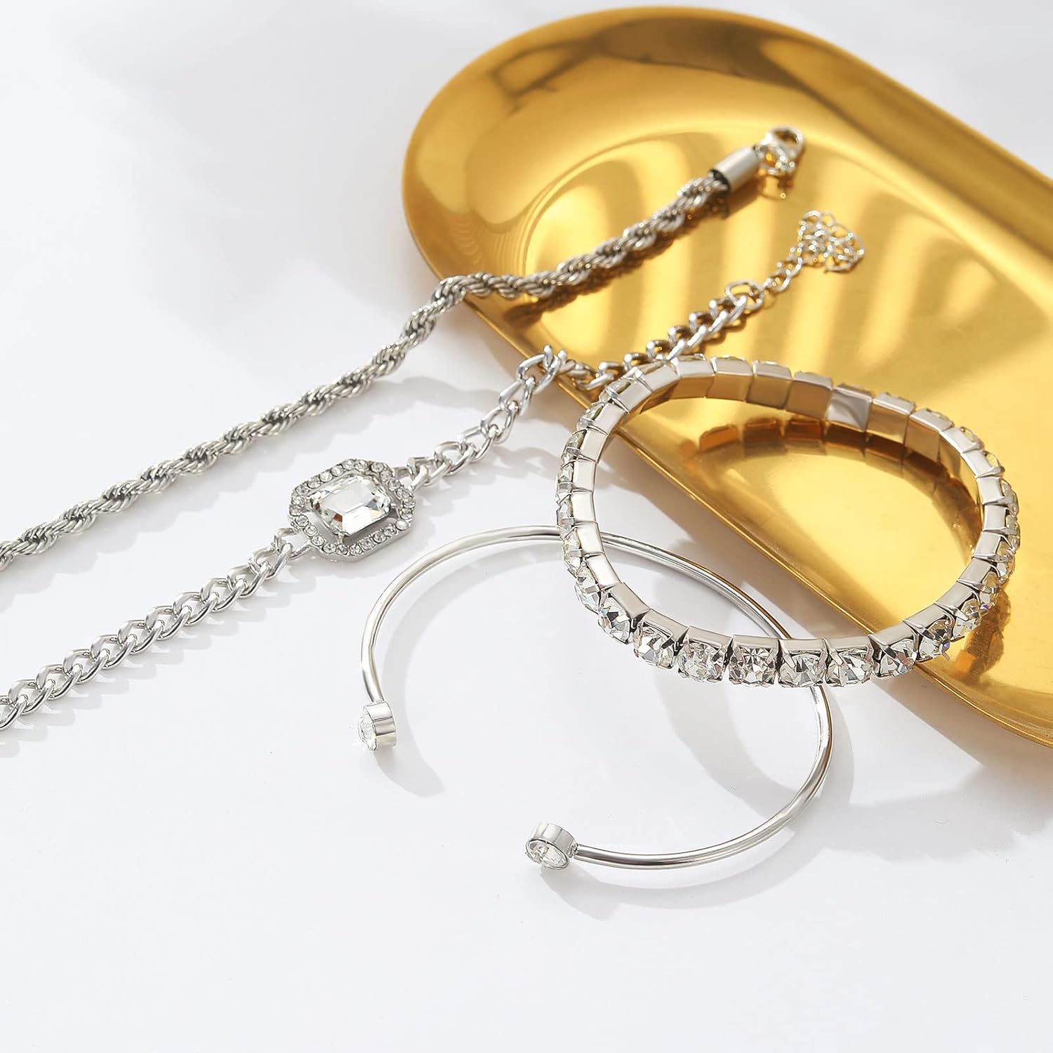 4 PCS Gold &amp; Silver CZ Paperclip Bracelet Set