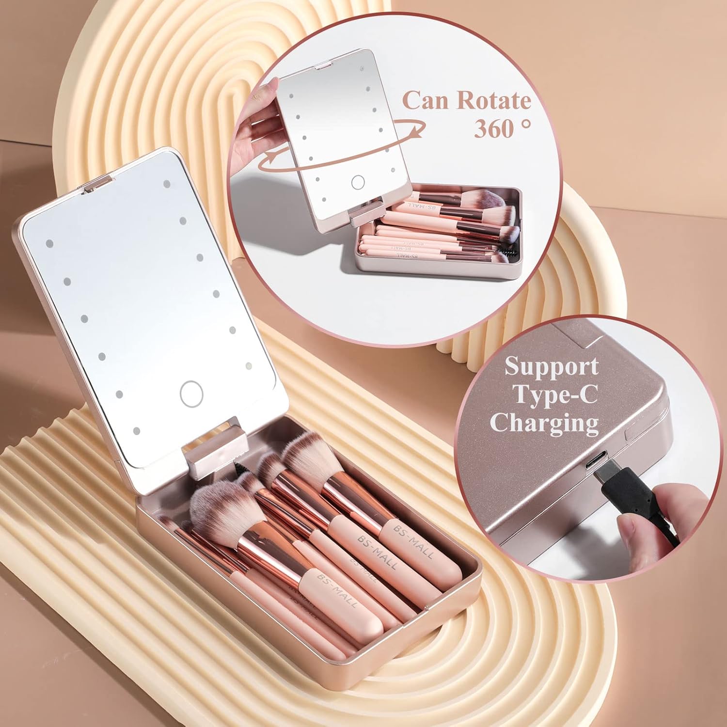 14Pcs Mini Makeup Brush Set – w/ LED Mirror, Pink