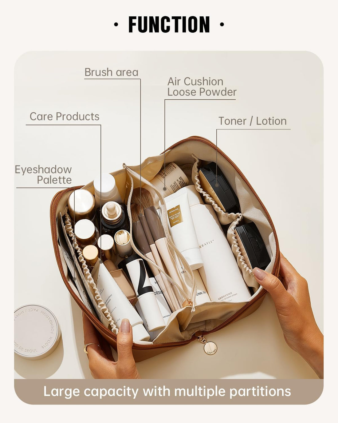 Large Travel Makeup Bag – Waterproof, Brown, Medium