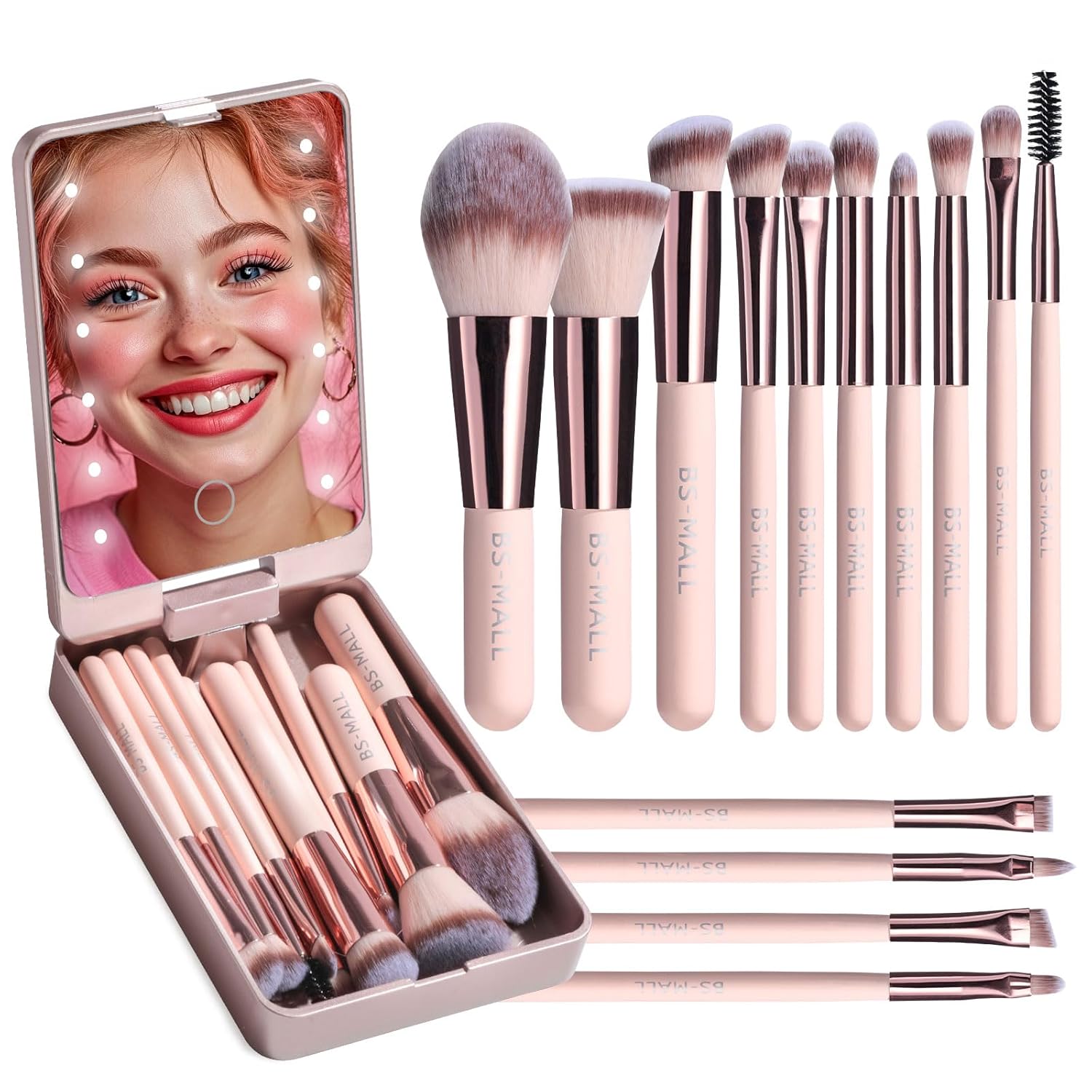 14Pcs Mini Makeup Brush Set – w/ LED Mirror, Pink