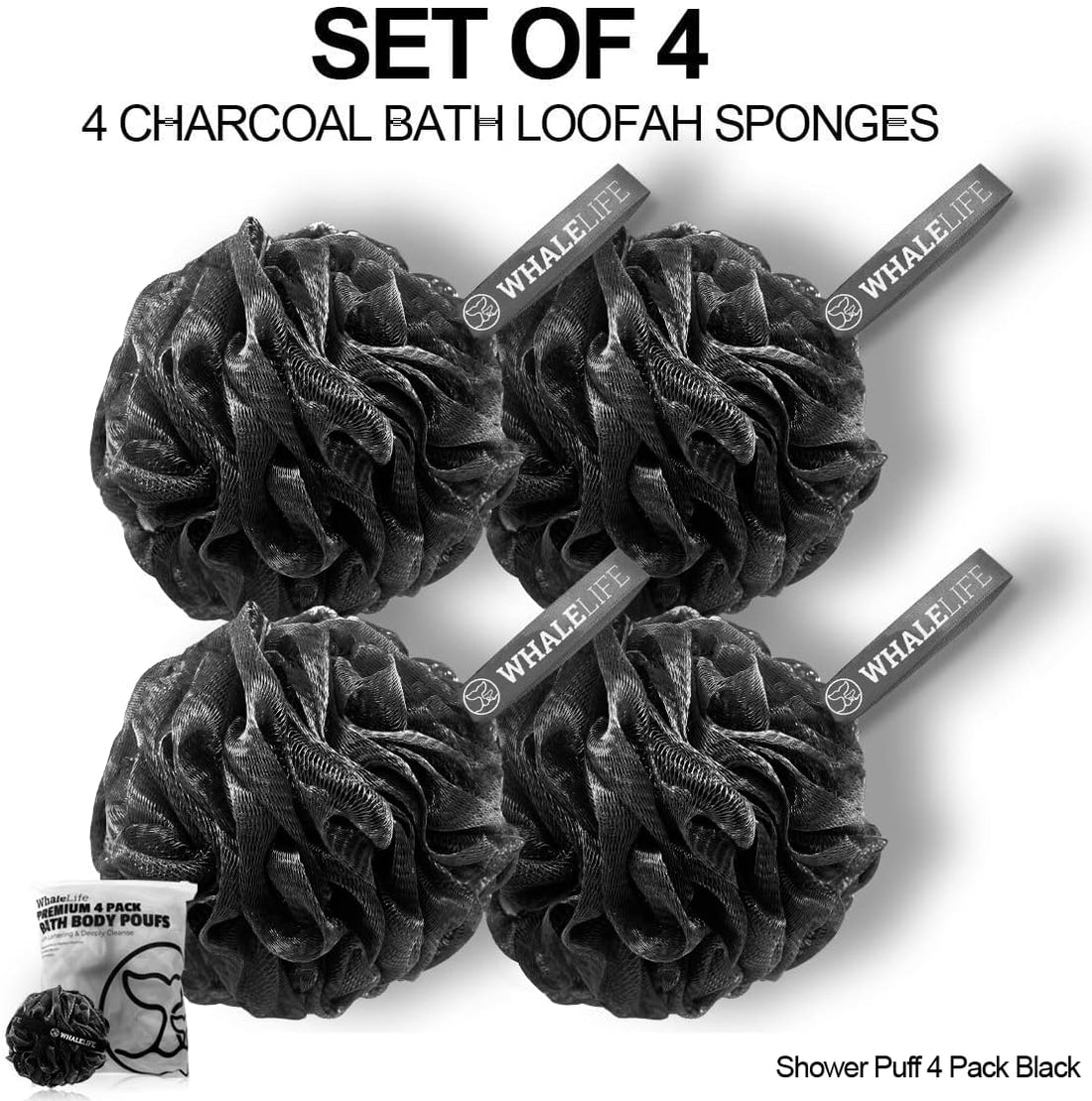 4-Pack Shower Loofahs – Black Charcoal Mesh Bath