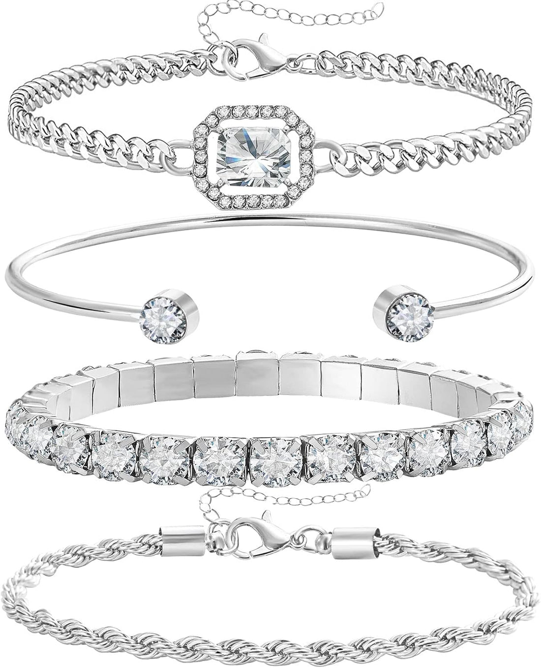 4 PCS Gold &amp; Silver CZ Paperclip Bracelet Set