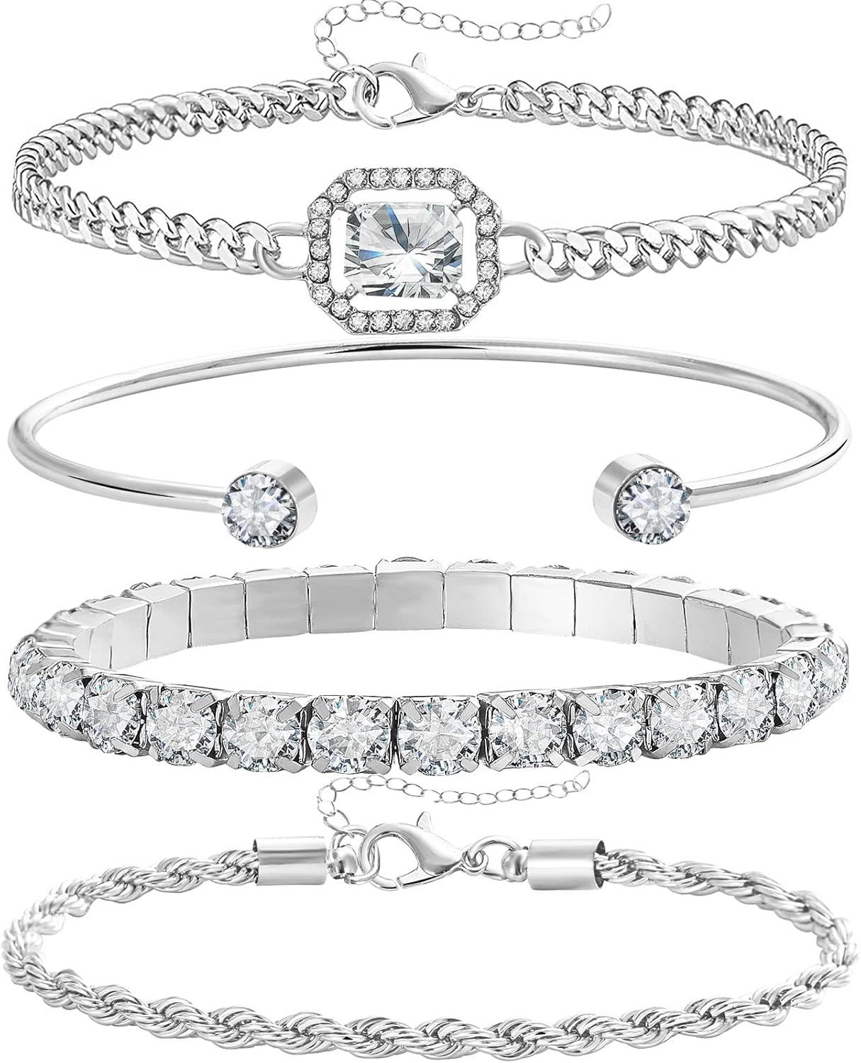 4 PCS Gold &amp; Silver CZ Paperclip Bracelet Set