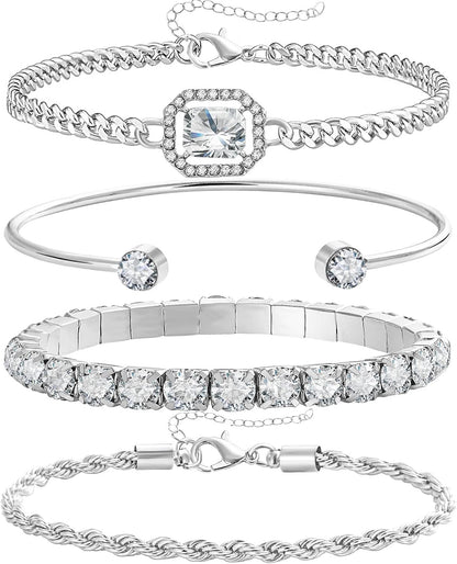 4 PCS Gold &amp; Silver CZ Paperclip Bracelet Set