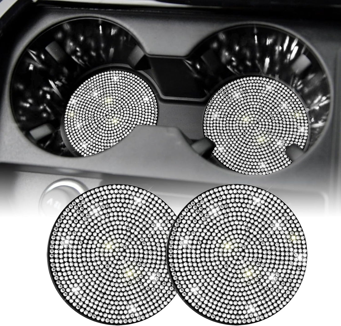 Bling Cup Holder Coasters for Car, 2PCS Universal Non-Slip Cup Holder, Embedded Decorative Coasters, Shiny Crystal Car Interior Accessories Gifts for Women (White)