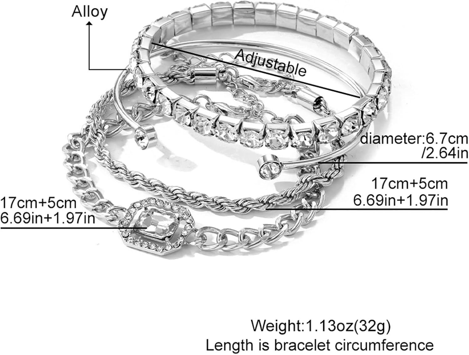 4 PCS Gold &amp; Silver CZ Paperclip Bracelet Set