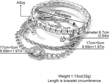 4 PCS Gold &amp; Silver CZ Paperclip Bracelet Set