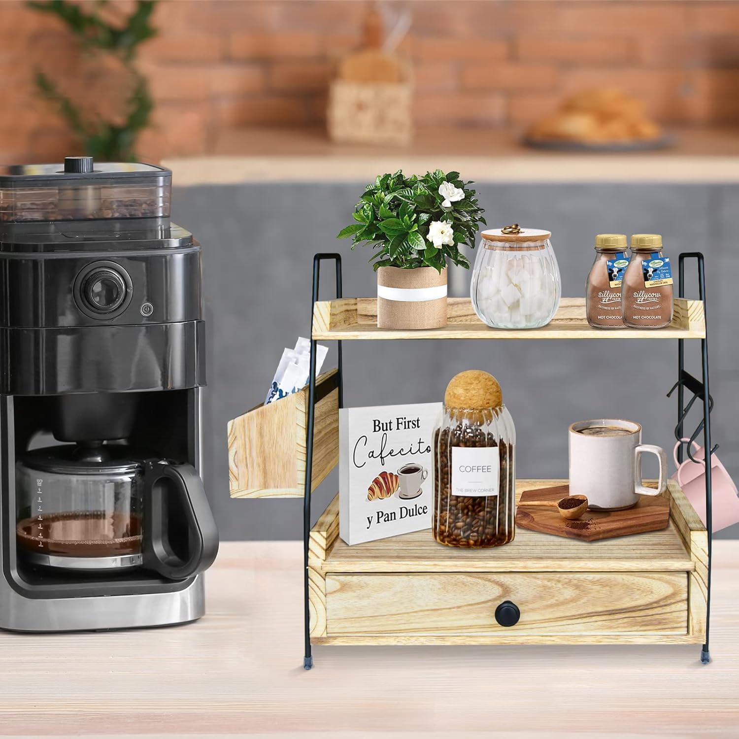 Coffee Bar Accessories and Organizer Countertop, Coffee Station Organizer Kitchen Counter Shelf Organizer,Coffee Condiment Storage,Cup Lid Holder Countertop Shelf for Bathroom