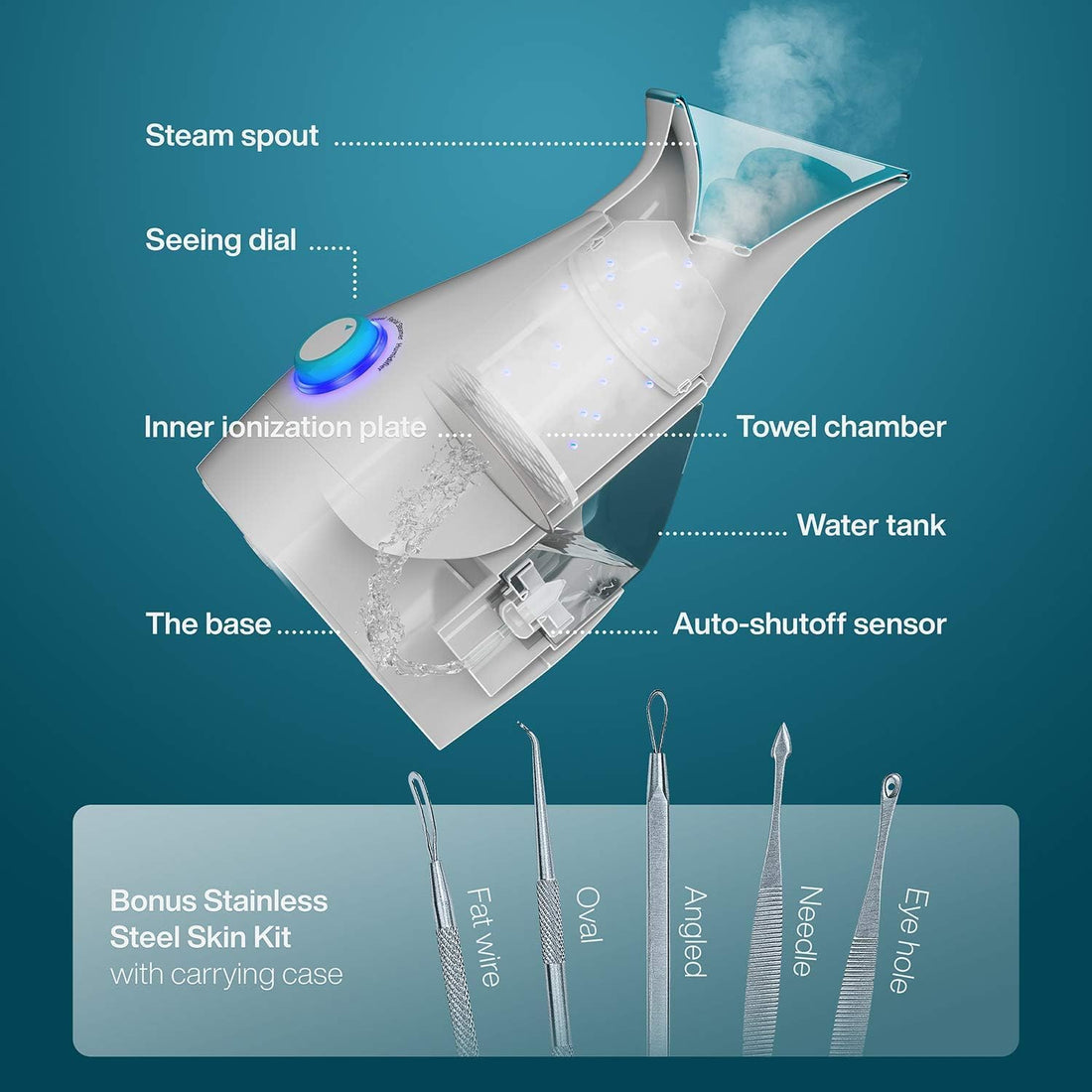 3-in-1 Nano Facial Steamer – Teal, w/ 5pc Skin Kit