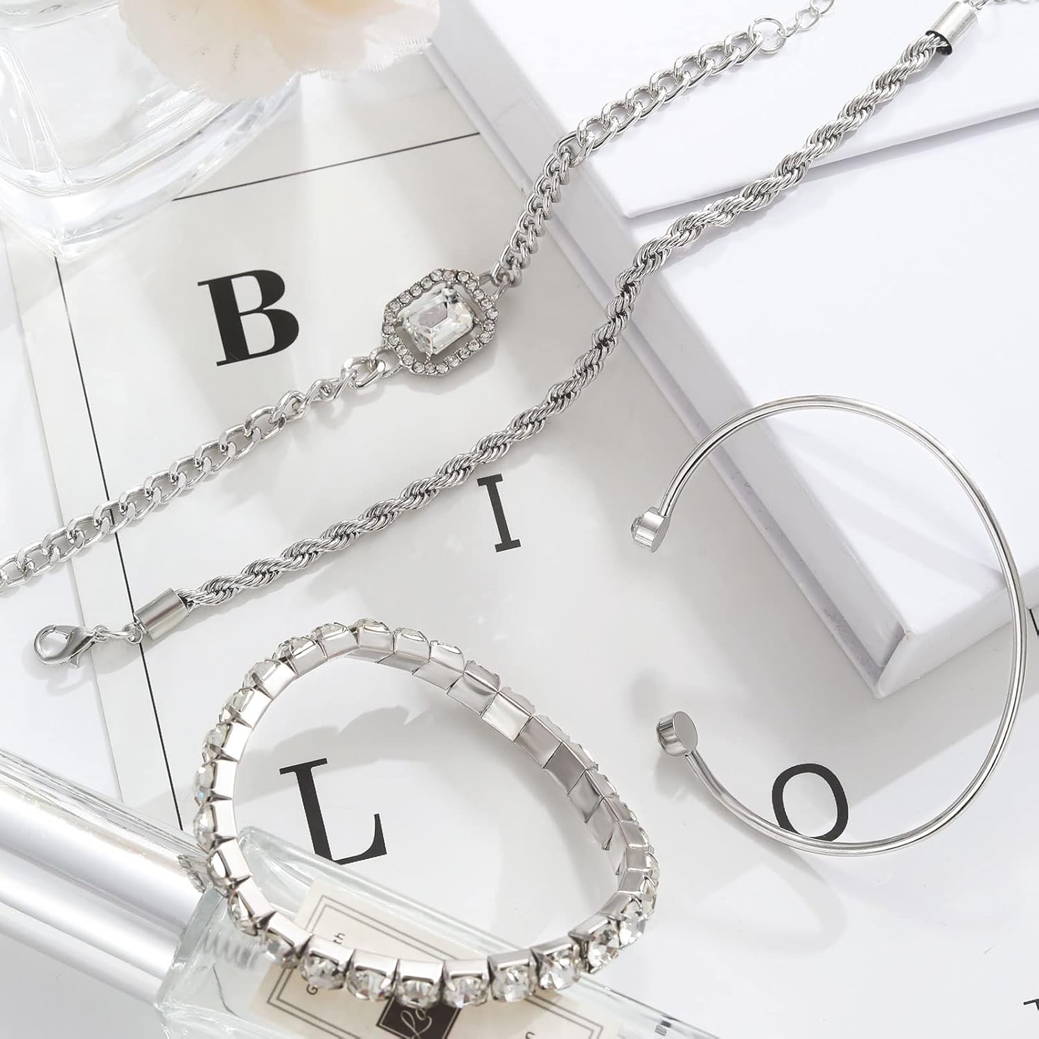 4 PCS Gold &amp; Silver CZ Paperclip Bracelet Set