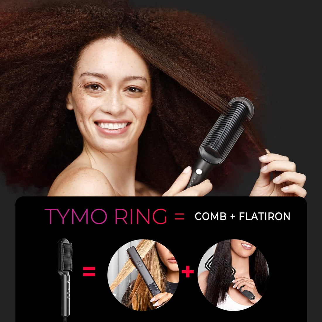 Hair Straightener Brush – 5 Temps, Fast Heat, Black