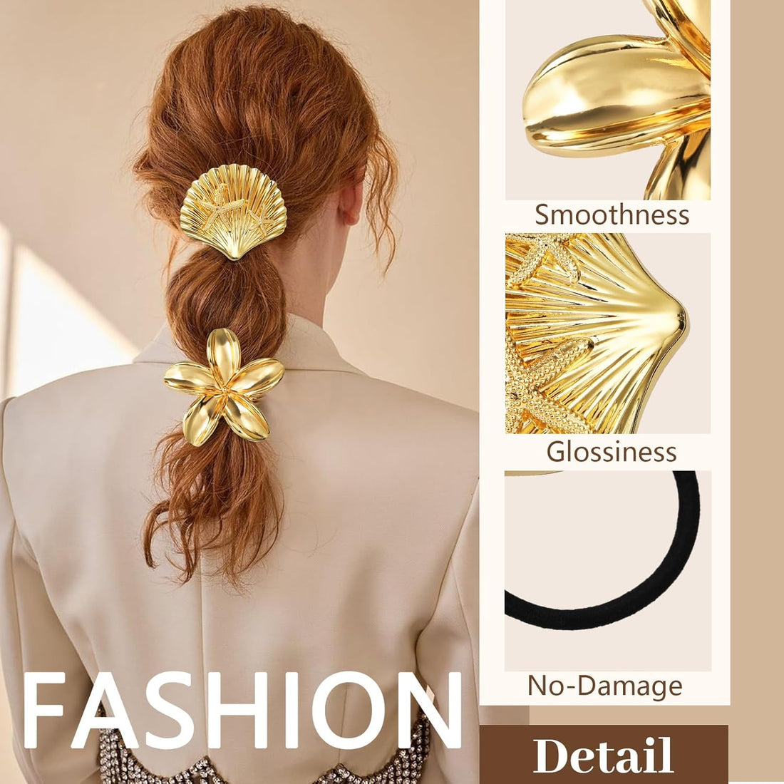 3PCS Gold Metal Hair Ties for Thick Hair