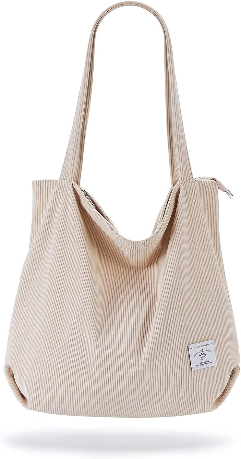 KALIDI Women’s Corduroy Tote Bag – Large Zipper Shoulder Handbag with Pockets