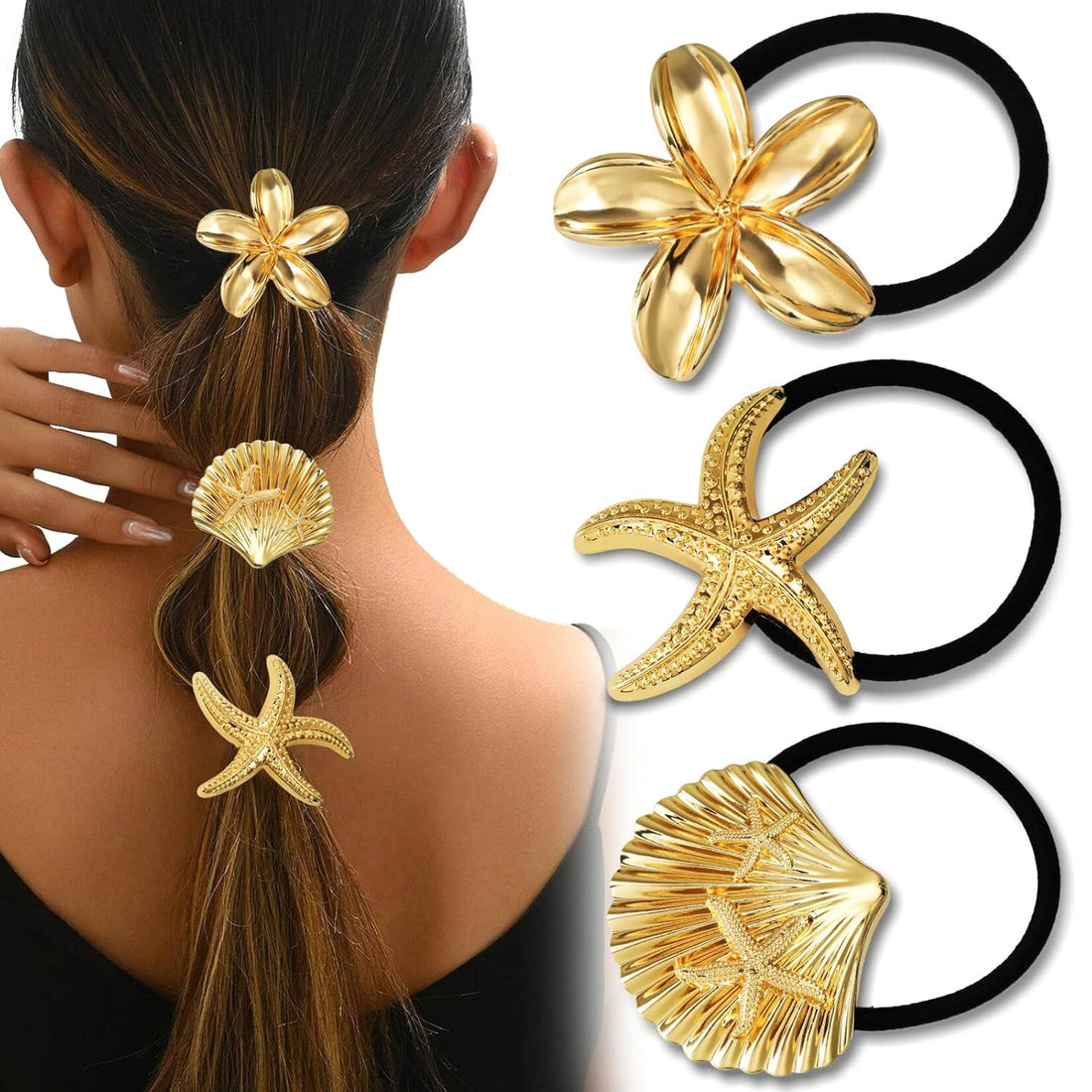 3PCS Gold Metal Hair Ties for Thick Hair