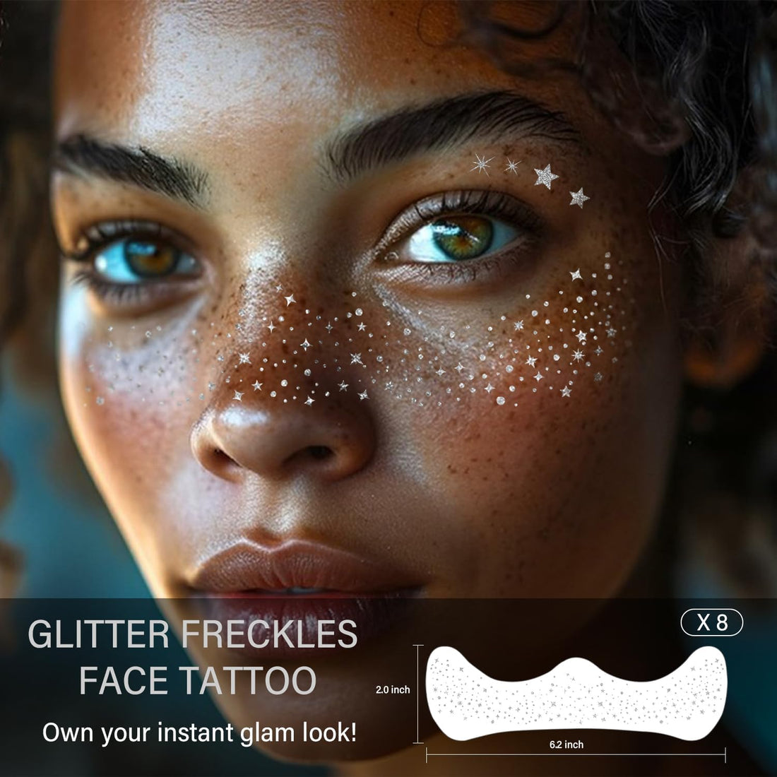 8 Pcs Silver Glitter Freckles – Waterproof Face Tattoo Sparkle Patches for Women