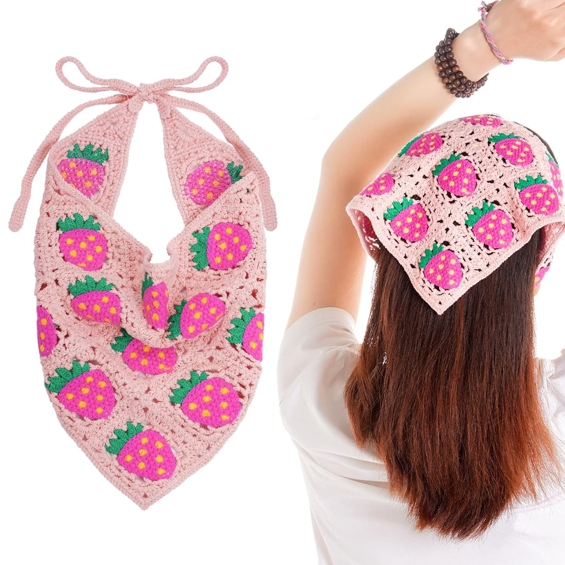 Pink Crochet Strawberry Head Scarf Bandana for Women &amp; Girls Hair Accessory