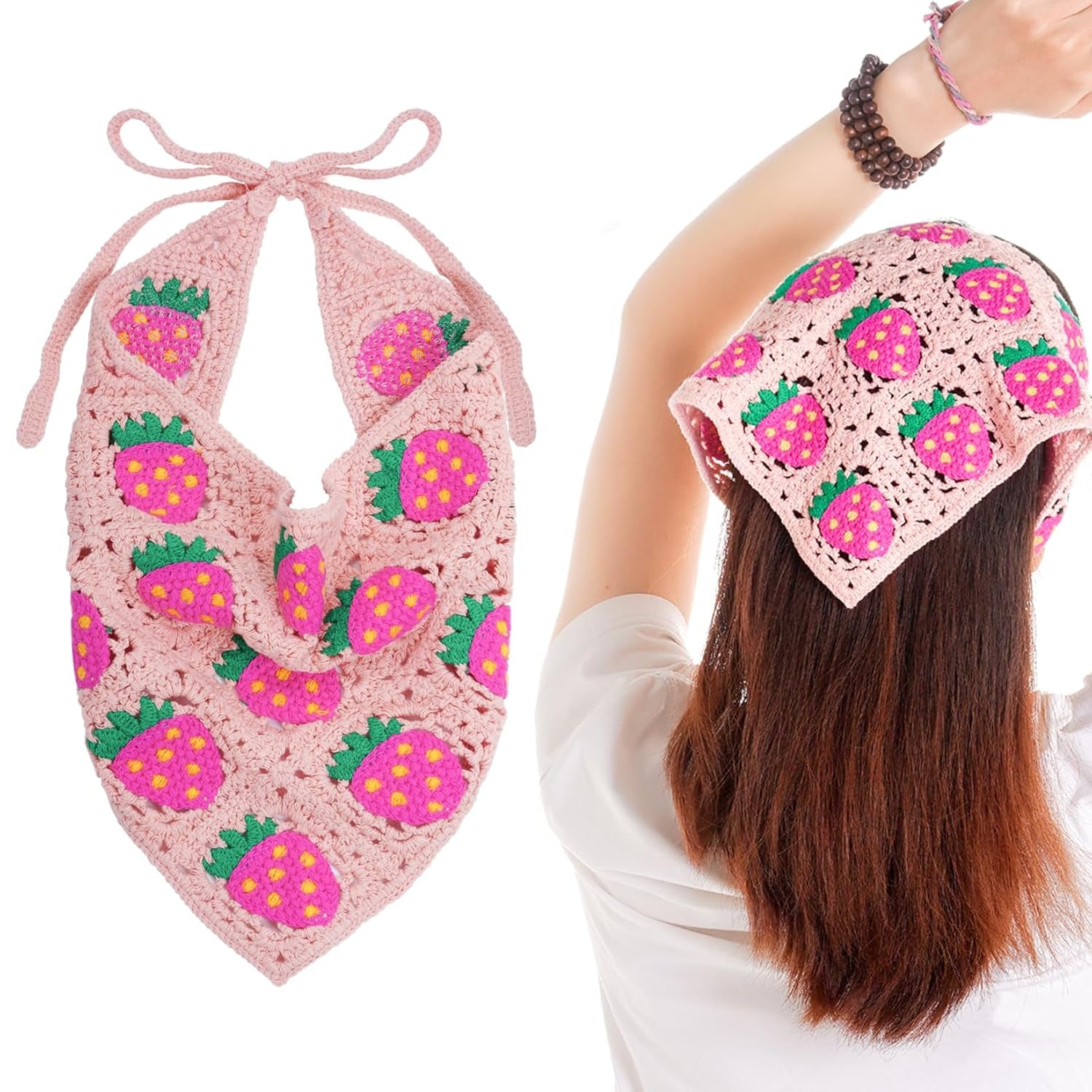 Pink Crochet Strawberry Head Scarf Bandana for Women &amp; Girls Hair Accessory