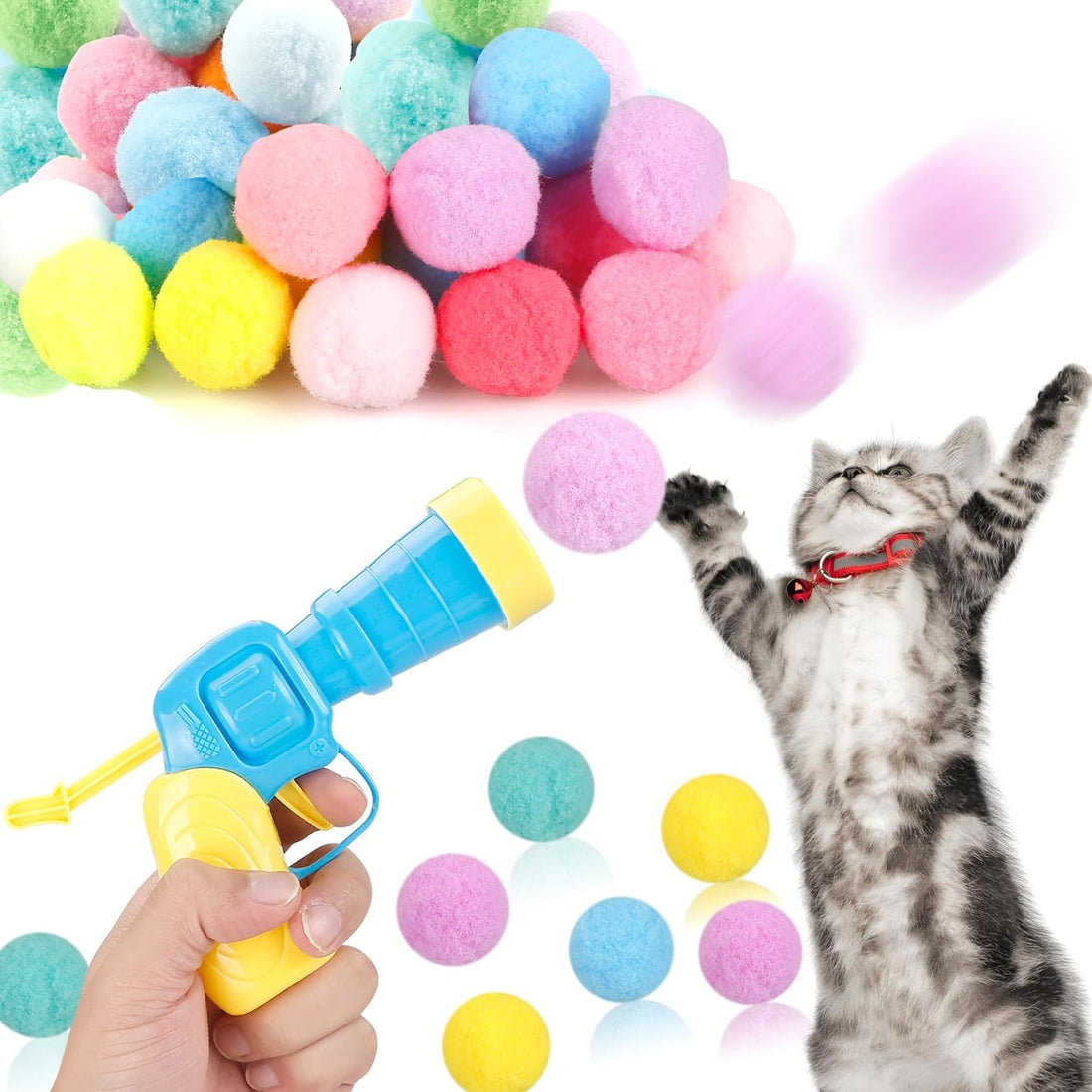 31-Pcs Cat Ball Launcher Toy Set – Plush Balls &amp; Interactive Gun for Cats