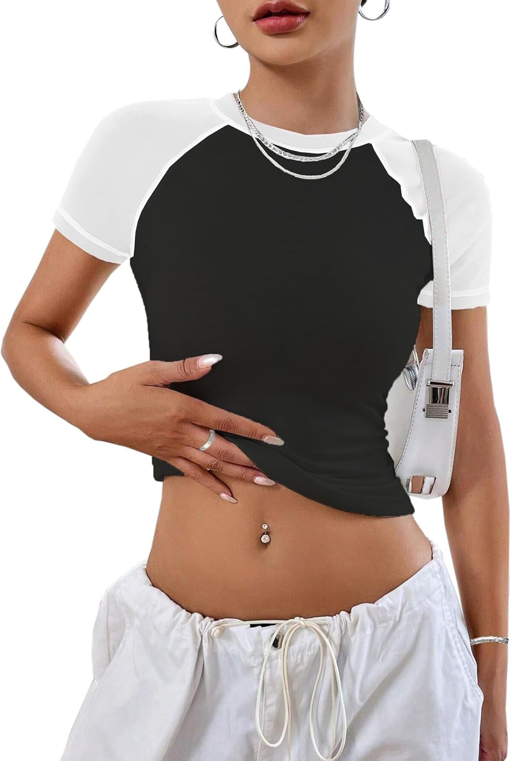 Women Raglan Colorblock Baby Tee Shirt Short Sleeve Summer Casual Tops
