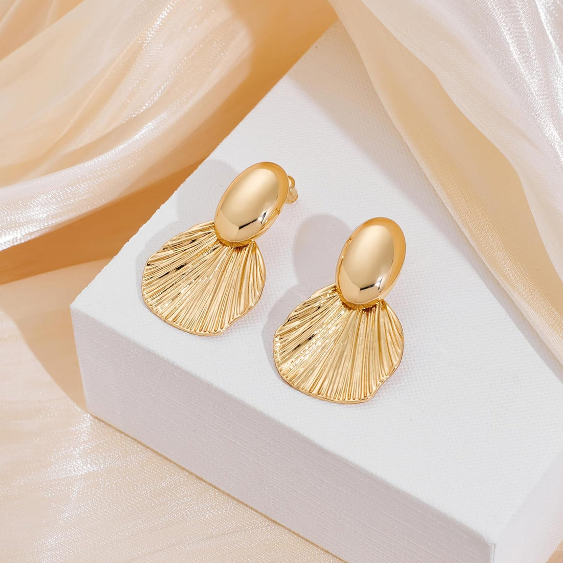 Gold Two-Tone Chunky Fan-Shaped Dangle Earrings