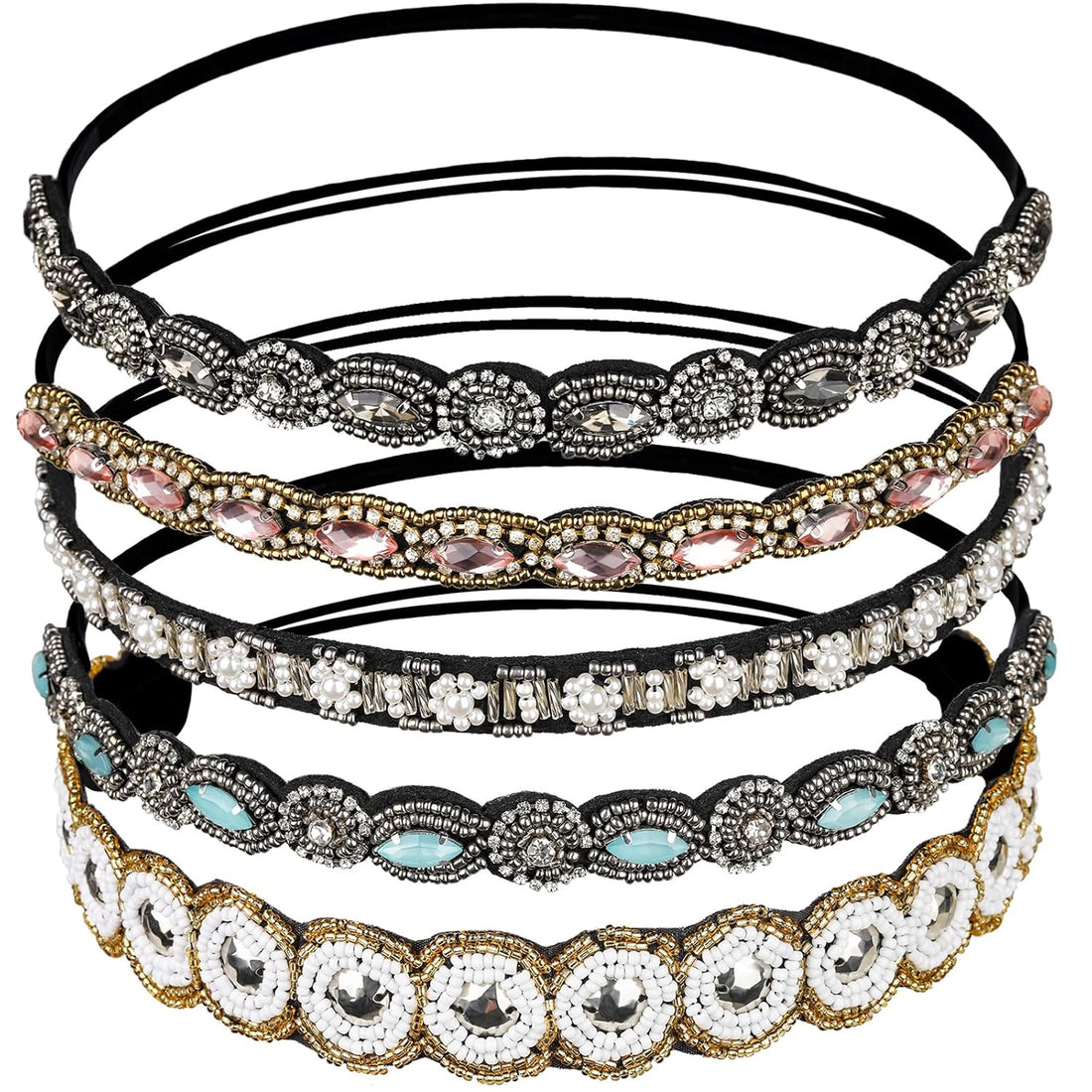 5PCS Rhinestone Beaded Elastic Hairbands Set