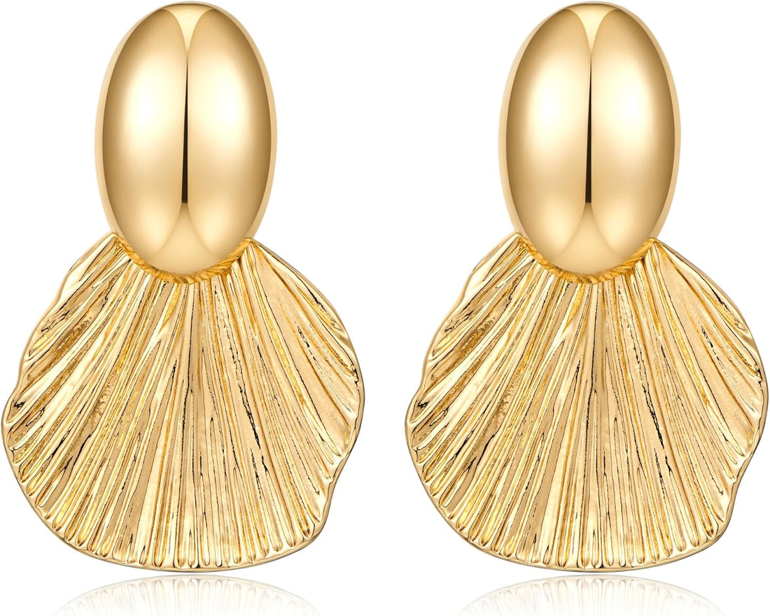 Gold Two-Tone Chunky Fan-Shaped Dangle Earrings