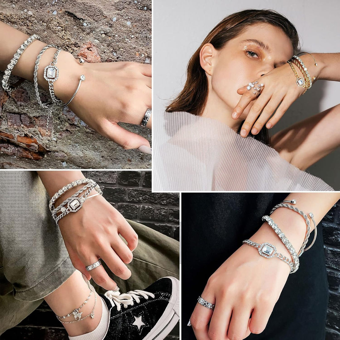 4 PCS Gold &amp; Silver CZ Paperclip Bracelet Set
