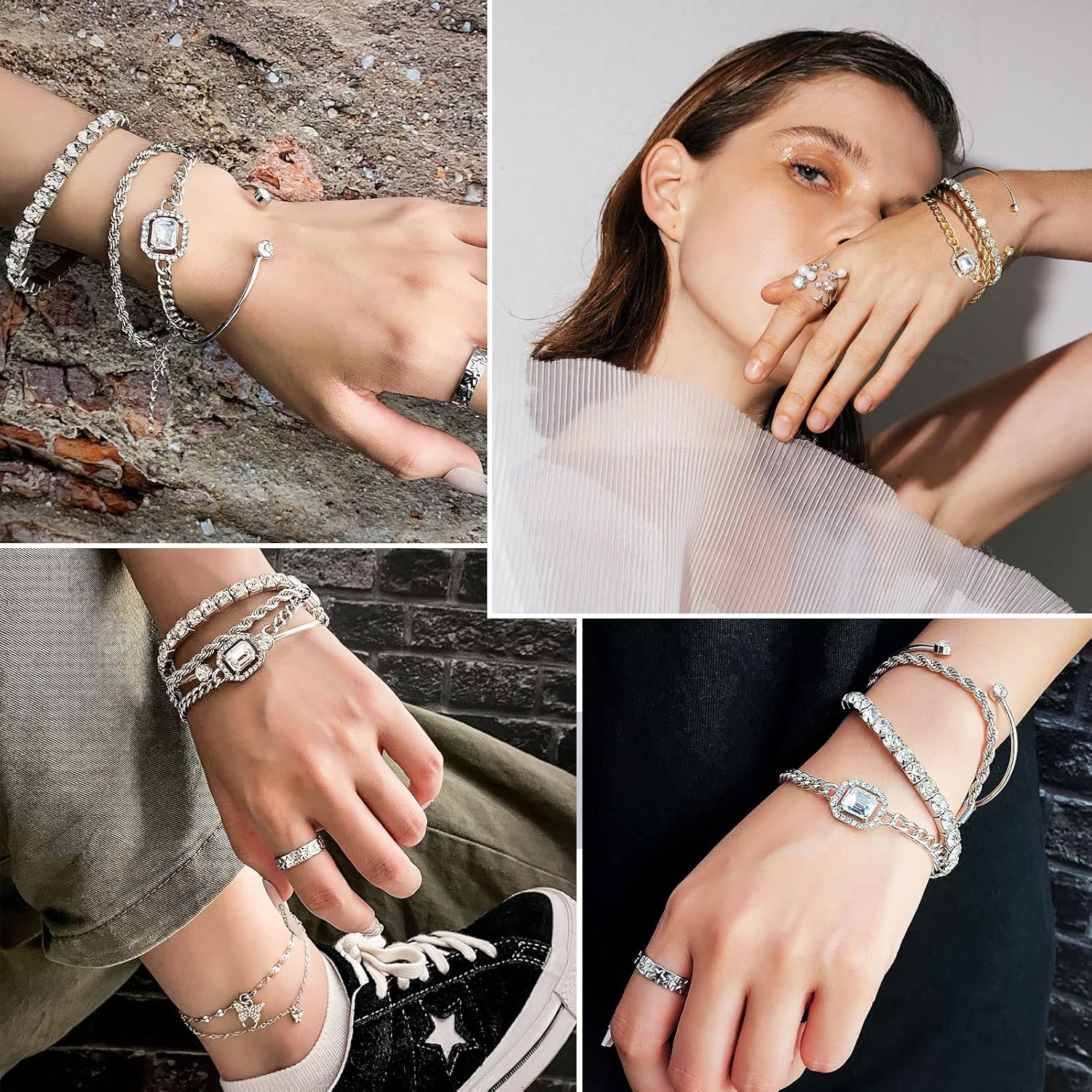 4 PCS Gold &amp; Silver CZ Paperclip Bracelet Set